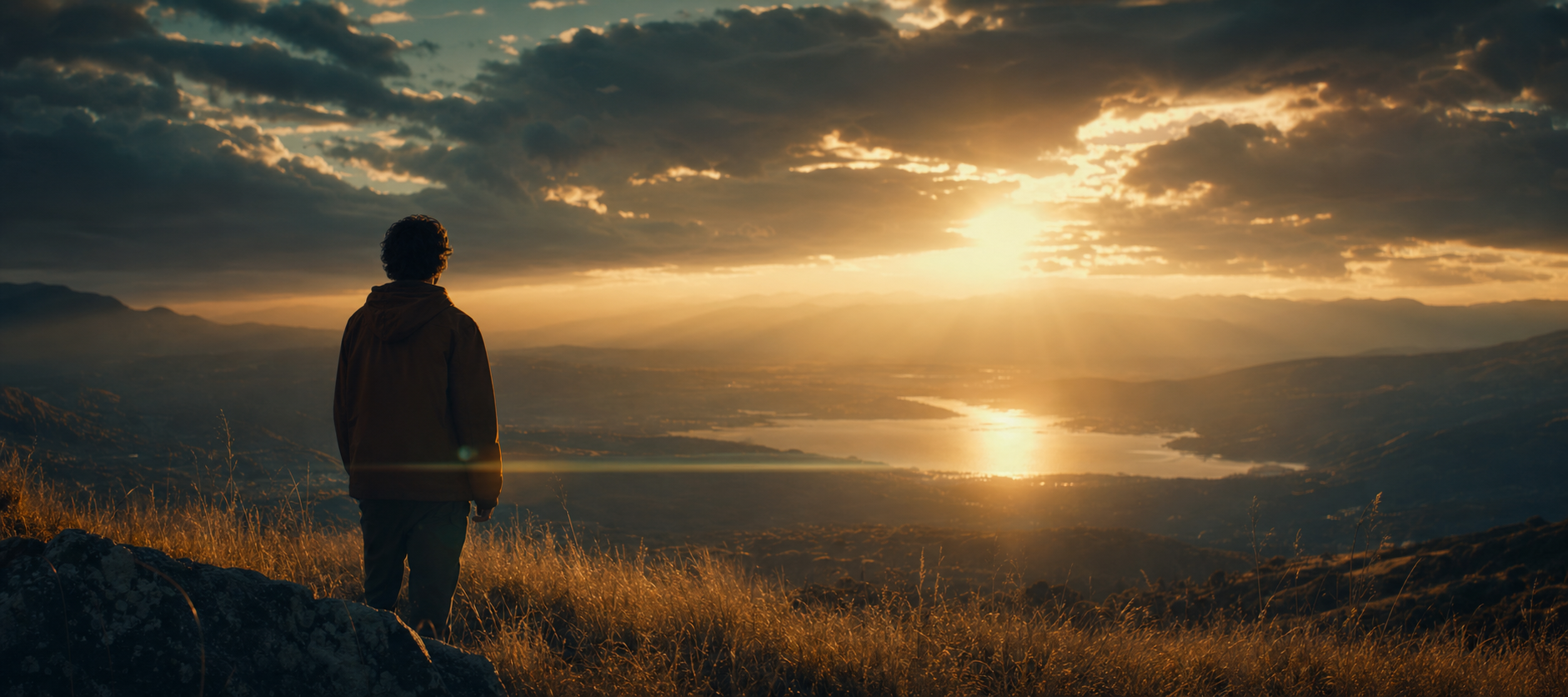 A lone figure watching golden light break over a vast valley at dusk